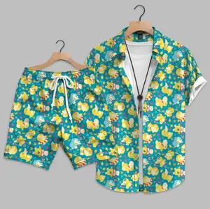 Psy duck Inspired Hawaiian Set, Unisex Beach Matching Set, Cute Water Pkm Aloha Shirt, Funny Anime Tropical Button Up, Anime Inspired Tropical Short, PKM Hawaiian Trunk, Summer Vacation Gift, Gift for Anime Fans