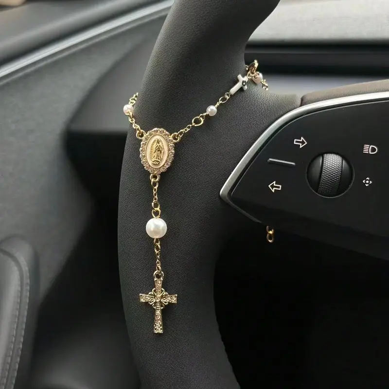 1pc Retro Steering Wheel Rosary Jewelry for Hanging & Wearing, Ladies' Bracelet, Rosary Car Pendant Accessory, Car Hanging Decoration, Car Pendant Decoration, Aesthetic Car Accessory, Automotive decorative accessories