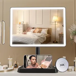 Rechargeable Makeup  Mirror with Lights, Large Lighted Desk Makeup Mirror with 96 LED Lights and 10x Magnifying, 3 Color Lighting, Make up Light Mirror with Phone Holder,Black