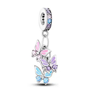 MULA 925 Sterling Silver butterfly tassel pendant | Multicolor zircon and enamel charms | Nature style jewelry | Suitable for Pandora bracelets and necklaces | Elegant gift for women and girls