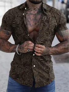 Men's Paisley Print Shirt, Wine Casual Stylish Button Front Short Sleeve, Elastic Waistband & Pockets, Summer Fall Holiday Beach Wear