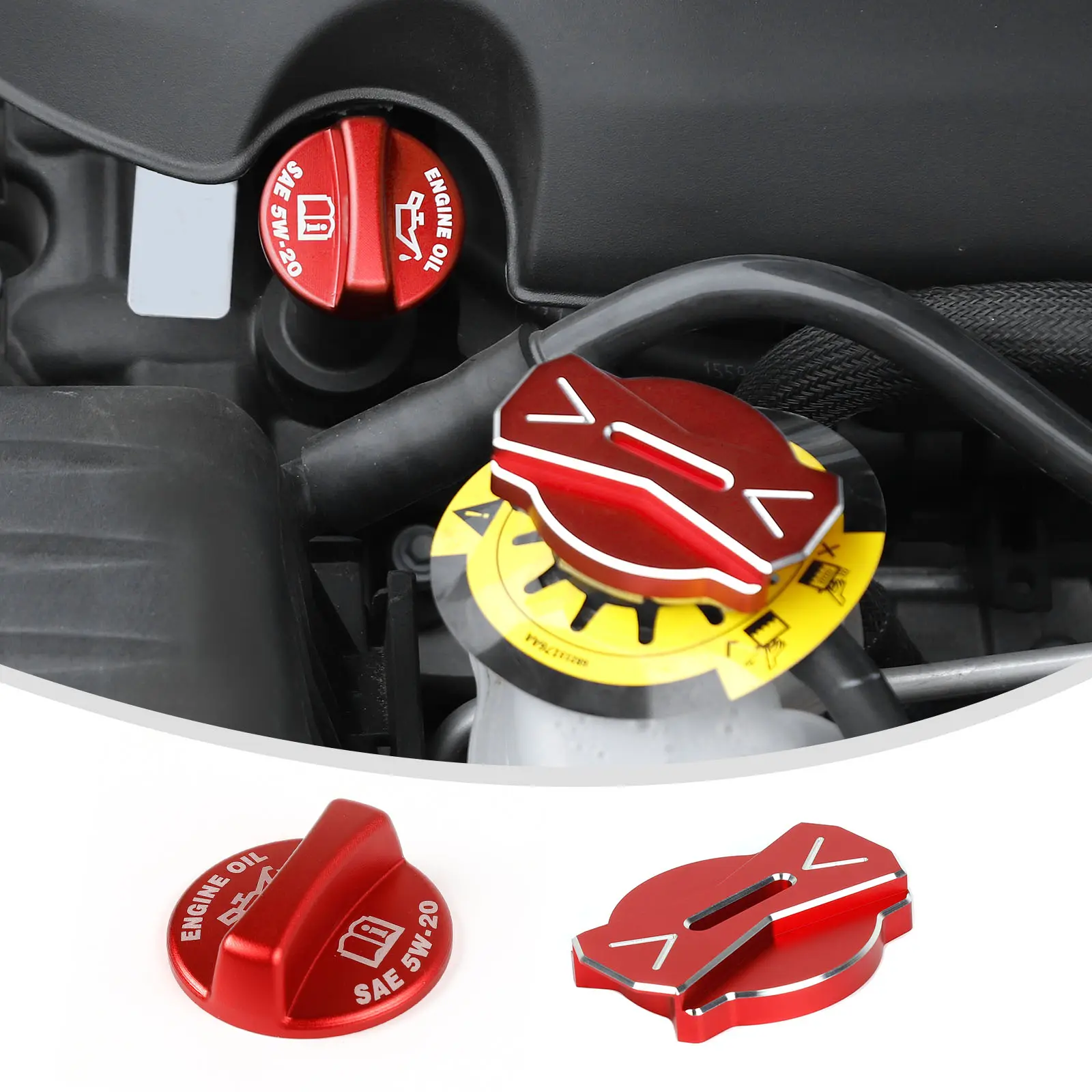 Aluminum Alloy CNC Radiator Cap & Engine Oil Cap Trim - Auto Exterior Accessories with Polyurethane Gloss, UV Coating, Scratch Resistant, DIY Installation for 2009+ Dodge Challenger, 2009+ Charger, 2012+ 300C Car Repair Tools, Laser Cut, Set Of Two