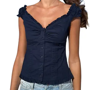 Women Y2k Fairy T-Shirt Ruffle Cap Sleeve V-Neck Button down Shirt Y2k Girls Going out Tops Tank Top Party Streetwear