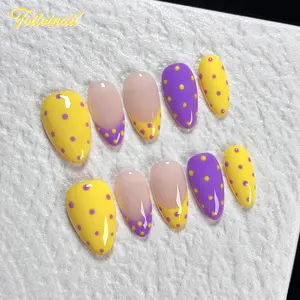 Citrus Dot Handmade Press-On Nails, Glossy False Nails | Short Almond Shape, 10pcs | Bright Yellow & Lavender Polka Dot French Tip | Summer Dopamine Aesthetic | For Daily, School, Date, Party | High Gloss, Reusable DIY Nail Art