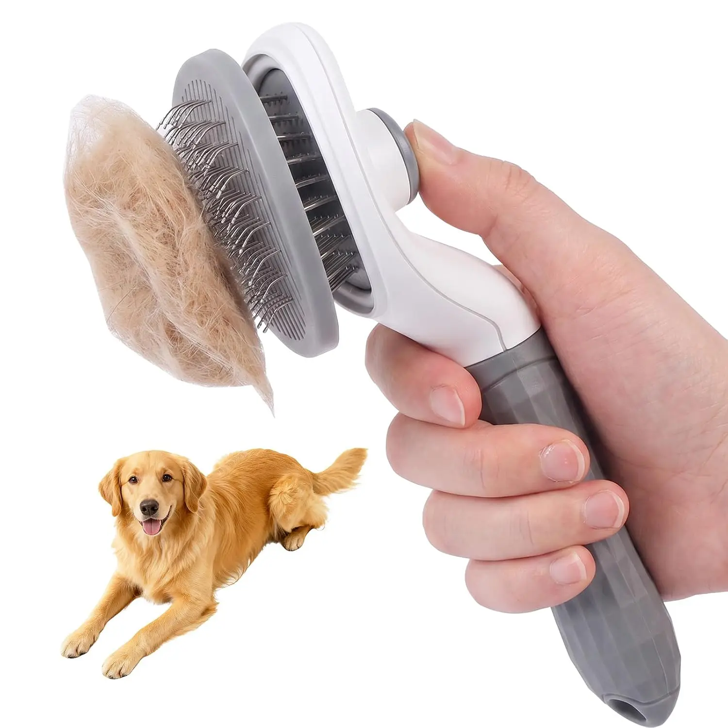 Self-Cleaning Pet Deshedding Slicker Brush, Stainless Steel Round Pins Grooming Tool with Soft Rubber Handle, Remove Loose Undercoat & Tangles for Long Short Hair Dogs Cats