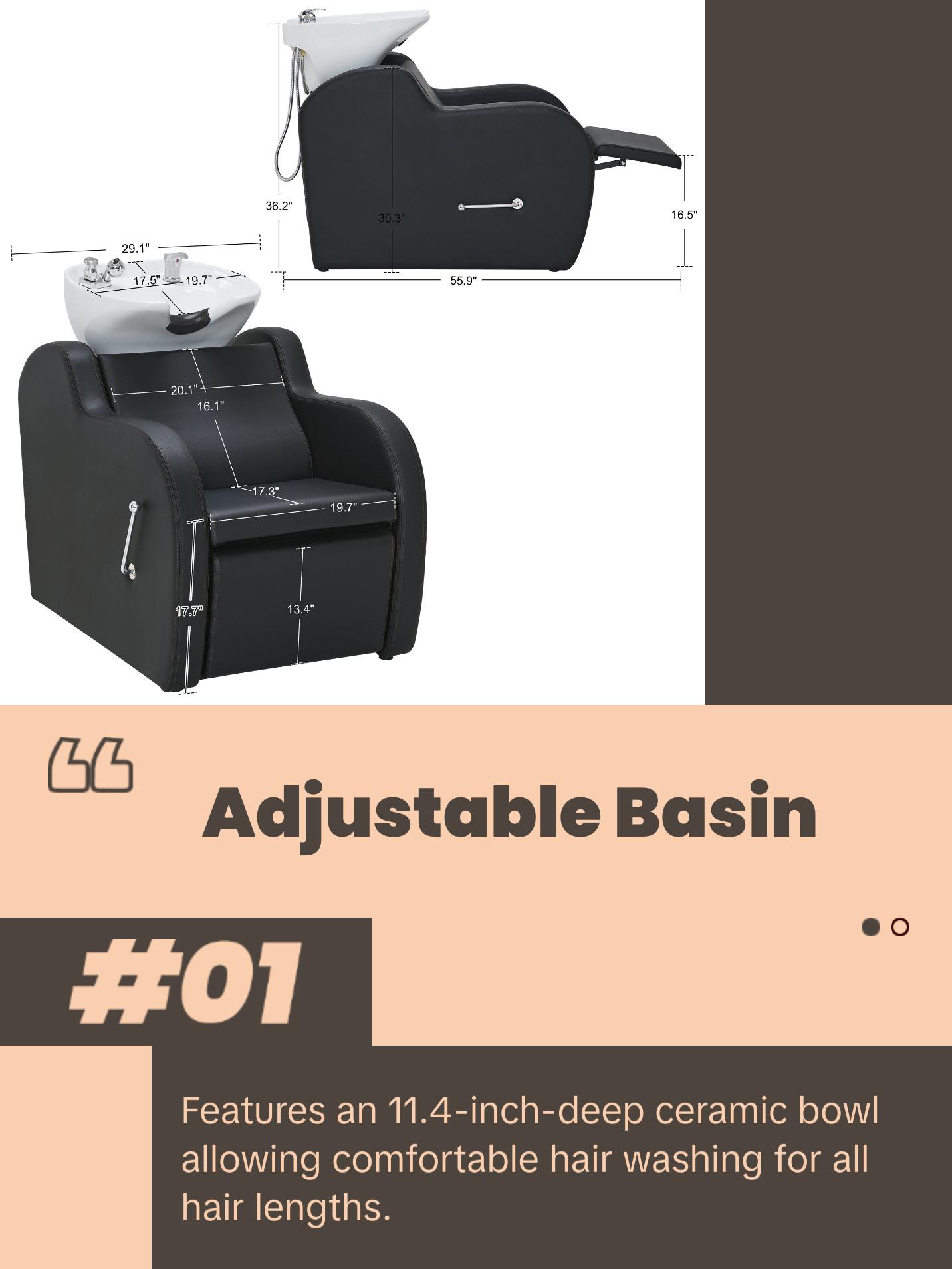 BarberPub Shampoo Bowl and Chair Set, Adjustable Ceramic Bowl and Chair for Salon 9312