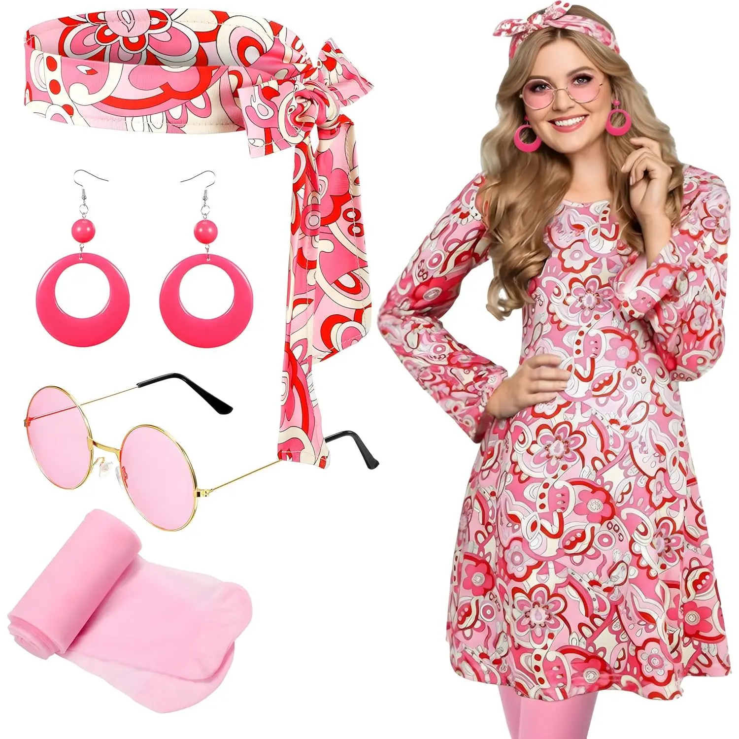 70s Hippie Costume for Women, 5-Piece Graphic Floral Dress Set with Matching Headband and Sunglasses for Disco Halloween Party Cosplay, Clothes, Lady