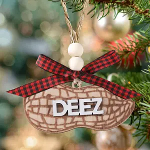 3 carved wooden DEEZ Nuts pendants - Humorous adult-themed peanut design rearview mirror and Christmas tree decoration, carved wooden car parts with bow-shaped ropes, wooden craft wedding souvenir creative gift set, Wooden Decorative Ornaments