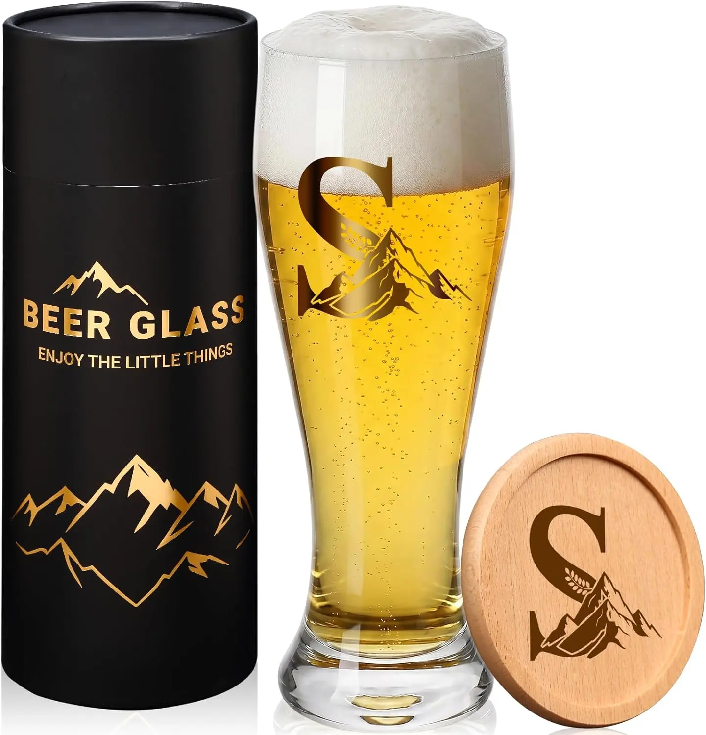 Sturdy Stylish Printed Custom Engraved Glasses Set - Personalized Mountain Monogram Beer Glass for Men with Wooden Coaster & Black Cylindrical Gift Tube, Birthday Gift for Dad