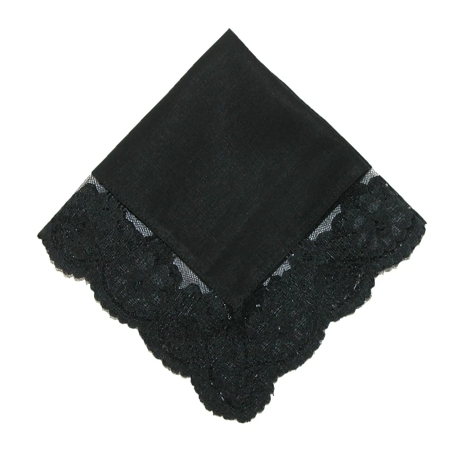 CTM Women's Black Lace Handkerchief - Solid Simple Plain Cotton Fabric, 1.25in Border, for Formal Events Wedding Occasions, One Size