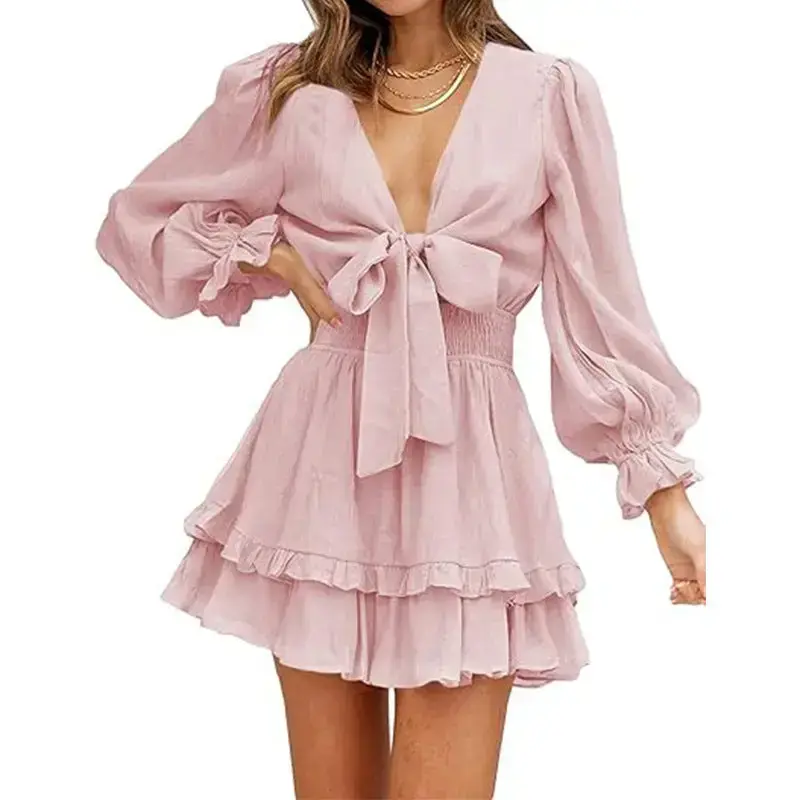 V-neck Ruffled Slimming Long Sleeves Short A- Line Dress V-neck Ruffled Slimming Long Sleeves Short A- Line Dress