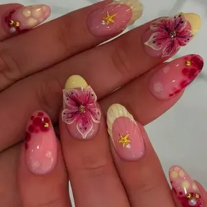 24 Pcs Almond Shape Nail Tips, Glossy Finish, Reusable, with Pearl & Shell Decor, Nail Art Design, Free Jelly Glue & File, Perfect for Vacation & Daily Use