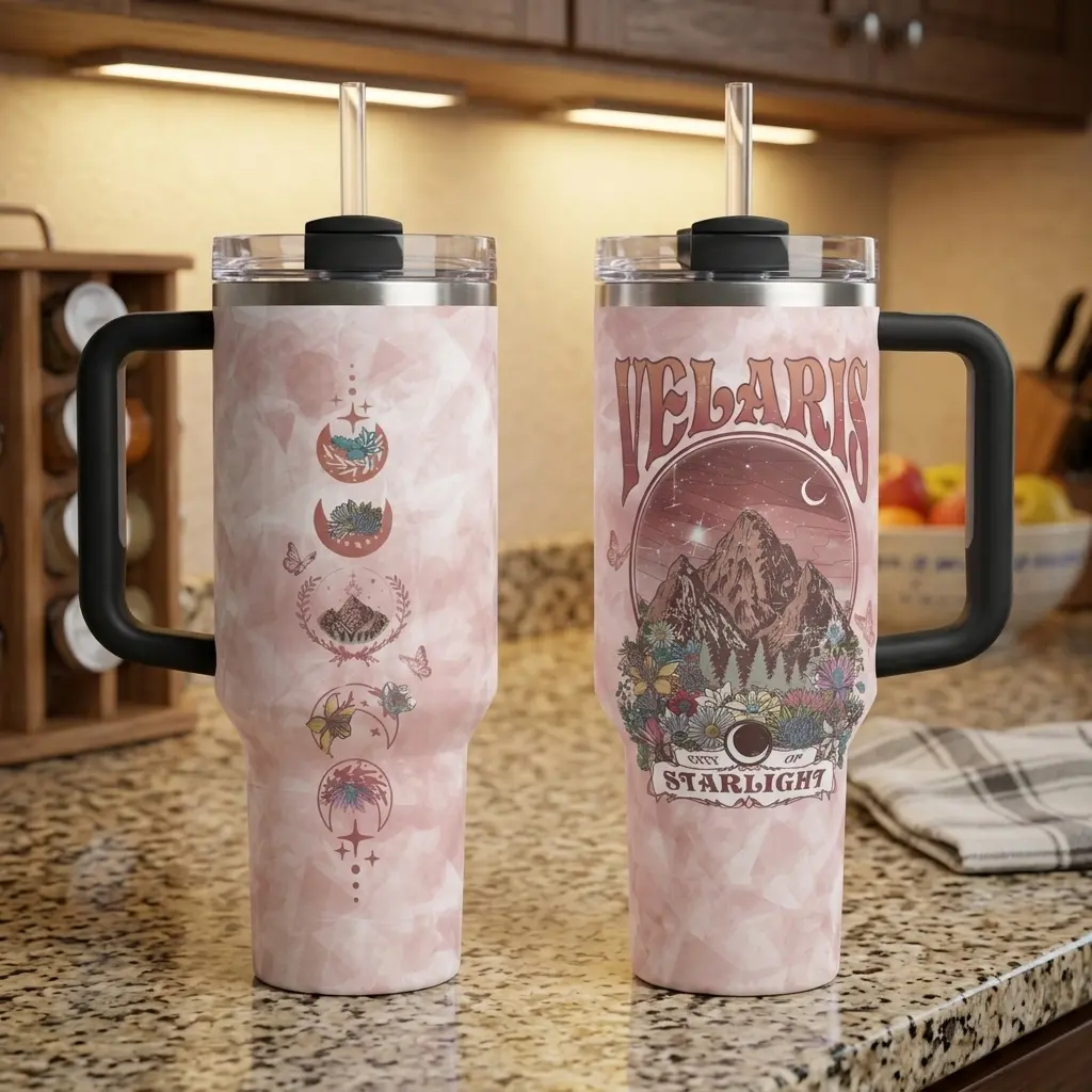 ACOTAR Velaris V4 Tumbler 40oz Handle Stainless Steel Tumbler 40oz, City of StarsLight, A Court of Thorns and Roses, Velaris The City