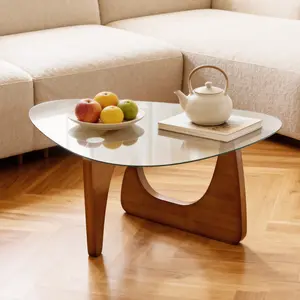 Mid Century Modern Coffee Table, 32" Triangle Tempered Glass Top with Solid Wood Base, Minimalist Center Tea Table for Living Room, Small Apartment, Walnut Finish