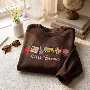[SHIP FROM US] Personalized embroidered teacher sweatshirt, crew neck with personalized teacher name, thank you gift for teachers, back-to-school sweater, fries, cookies, ice cream shirt