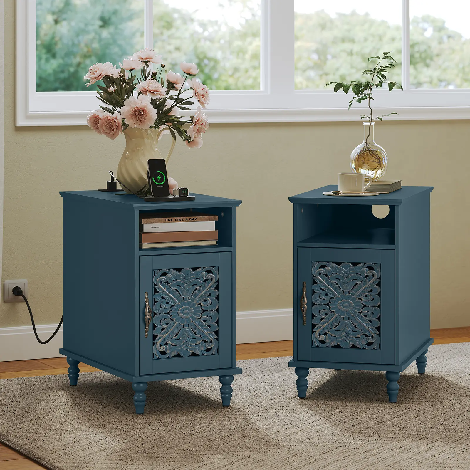 Blue - Vintage Carved Nightstand