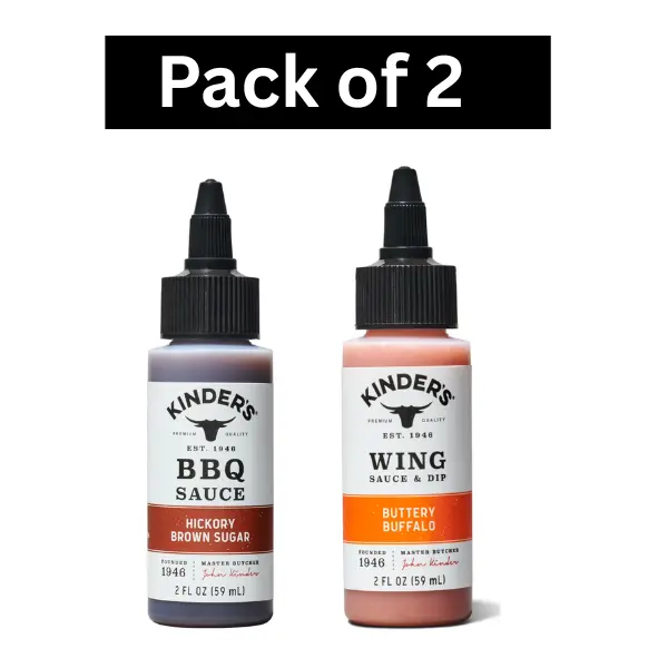 2 Pack Kinder's Sauce & Dip- Buttery Buffalo Wing Sauce and Dip, Hickory Brown Sugar BBQ Sauce, 2 fl oz Small Bottles