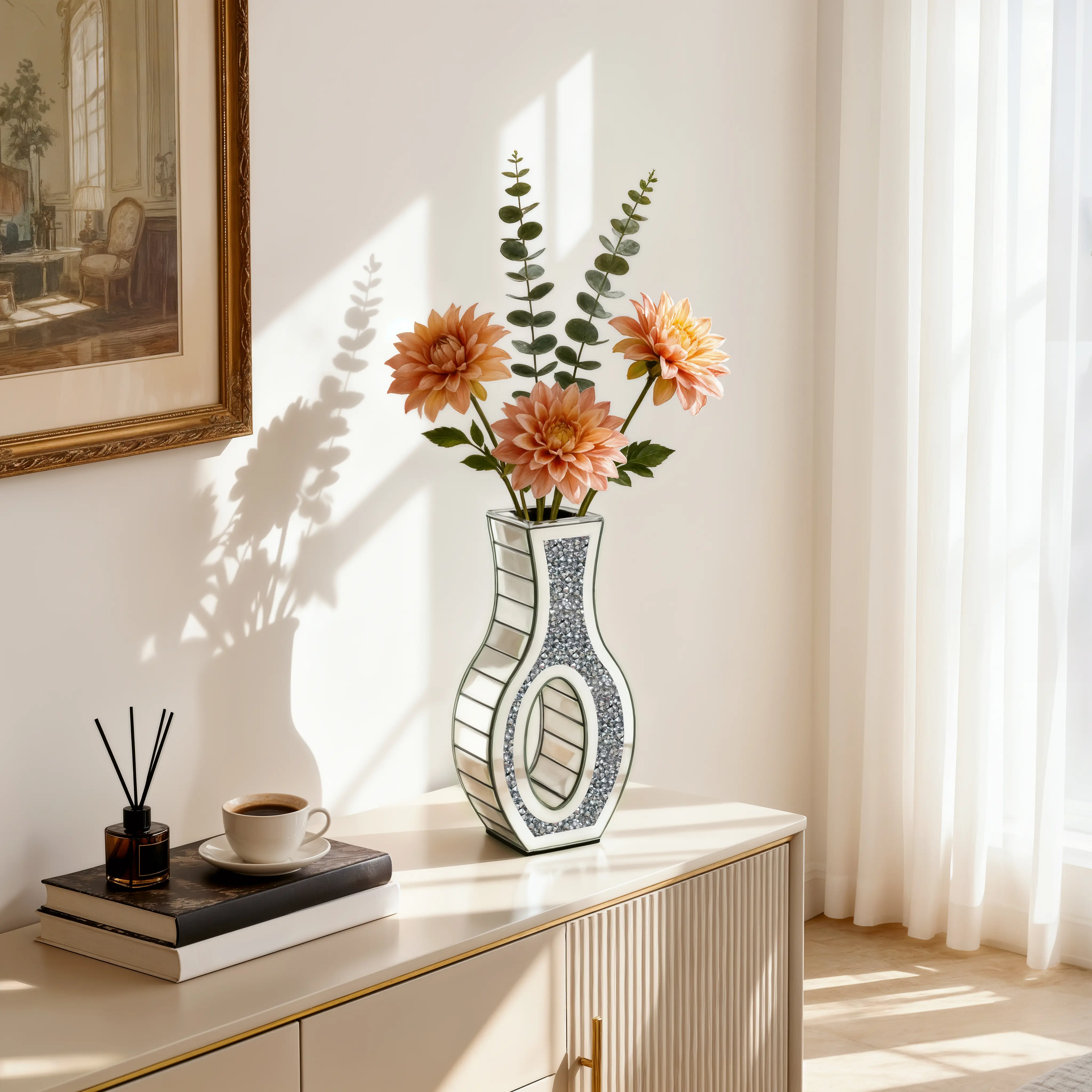 Crushed Diamond Mirrored Table Flower Vase Decorative Crystal Silver Glass Table Vase