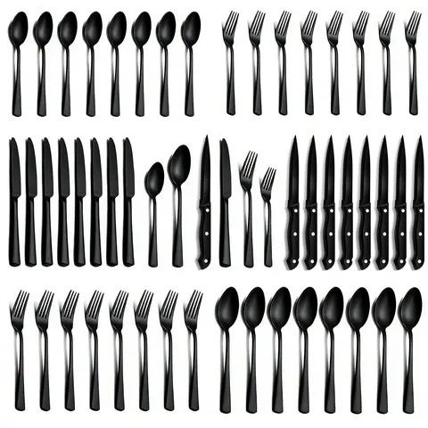 【2026 Upgrade】48-Piece Solid 304 Stainless Steel Black Cutlery Set with Oval Handle, Steak Knives, BPA-Safe Heat-Resistant Flatware, Tableware for Home Dining, Cut Dinner Sets, Daily Elegance