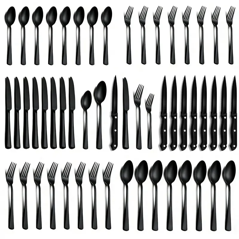 【2026 Upgrade】48-Piece Solid 304 Stainless Steel Black Cutlery Set with Oval Handle, Steak Knives, BPA-Safe Heat-Resistant Flatware, Tableware for Home Dining, Cut Dinner Sets, Daily Elegance