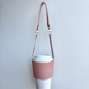 PU Leather Drink Cup Holder Carrier Bag – Aesthetic Portable Beverage Tote with Gold Hardware, Plain Design