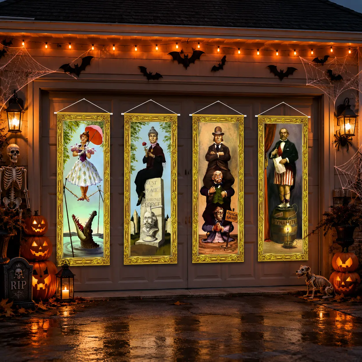 4 PCS Halloween Haunted Mansion Stretching Portraits - Vintage Horror Hanging Banners, Large Home Decor for Haunted House, Party Backdrop, Indoor Outdoor Use
