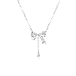 Graceful Bow Dangling Butterfly Bow Sterling Silver Necklace