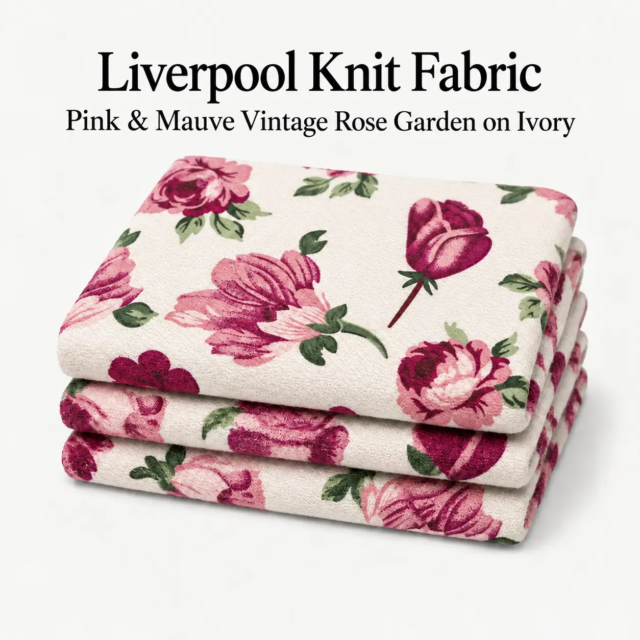 Liverpool Knit Fabric, Pink & Mauve Vintage Rose Garden on Ivory, 4-Way Stretch Dress & Apparel Fabric, 56 in, 200 GSM, Sold by the Yard
