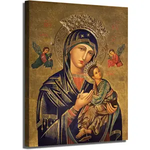 Our Lady of Perpetual Help Wall Decor Russian Orthodox Icon Picture Prayer Room Wall Art Virgin Mary Vintage Poster Canvas Print Frame for Home Decoration Ready to Hang
