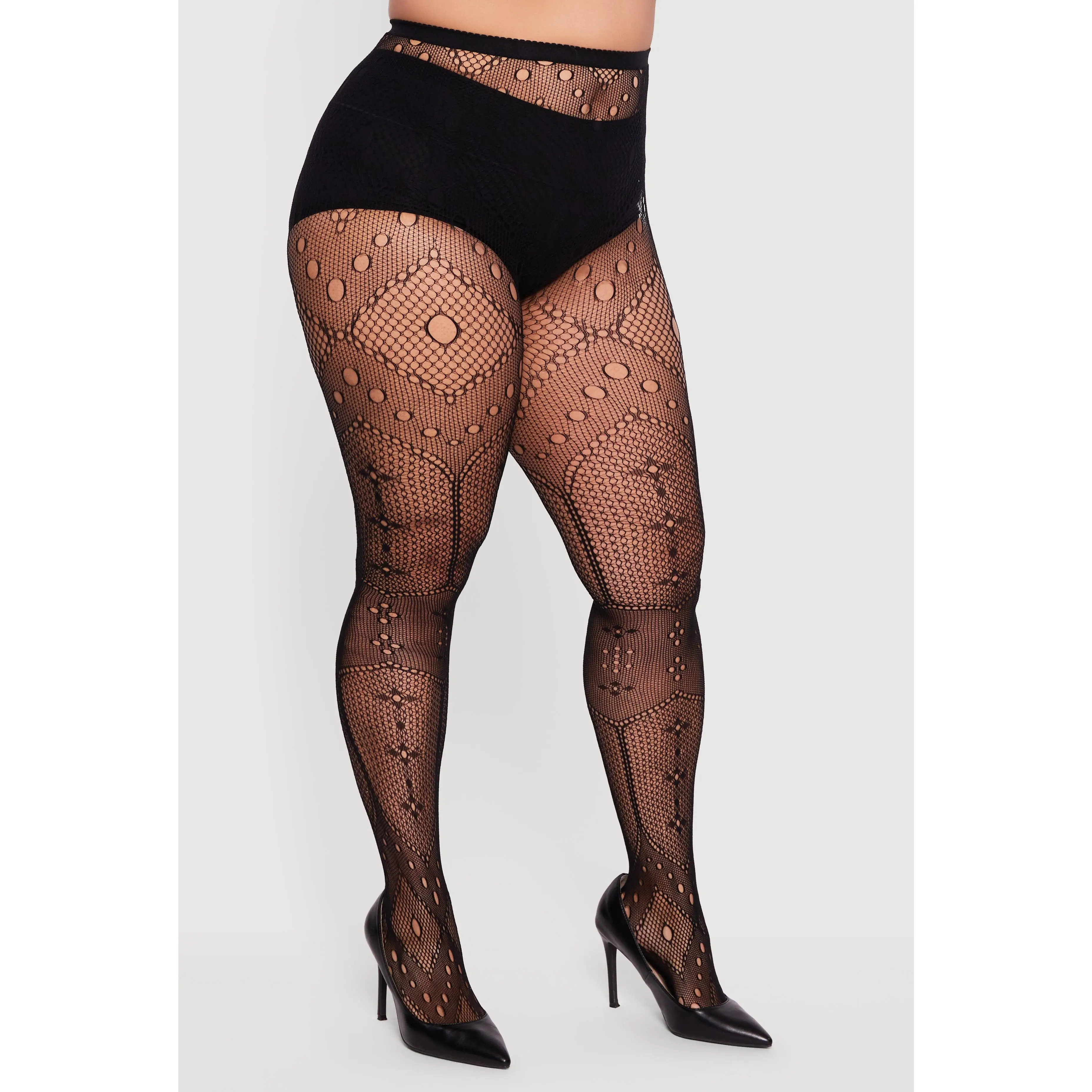 Plus Size High Waisted Patterned Fishnet Tights