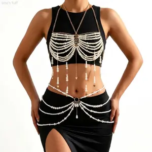 Trendy European Metal Body Chain Combo With Pearl Seahorse Pendant Tassel Ring Design 2 In 1 Chest Waist Jewelry Seaside Bikini Party Outfit Decor
