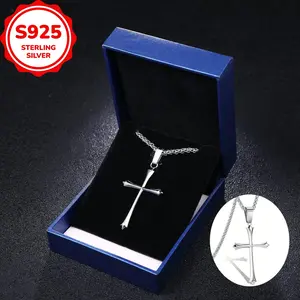 S925 Silver Cross Pendant Necklace for Men Women 24 Inches Stainless Steel Curb Cuban Link Chain Cross Pendant Necklace Trend Jewelry With Gift Box