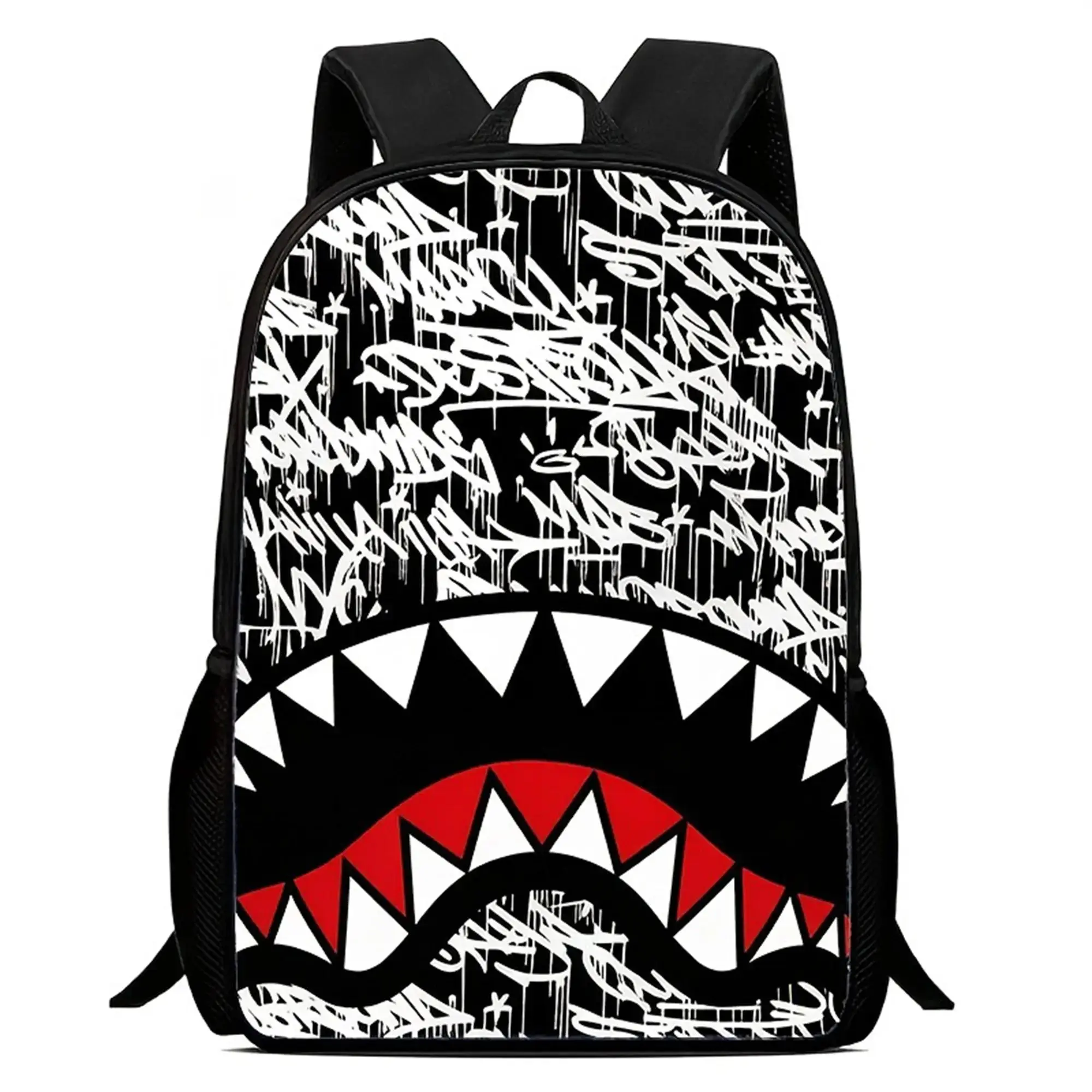 Sprayground-Style Graffiti Shark Mouth Backpack - Pink Street Art Checkerboard Print, Lightweight Polyester, Large-Capacity Laptop Backpack for Teens, Hip Hop Streetwear Travel Daypack