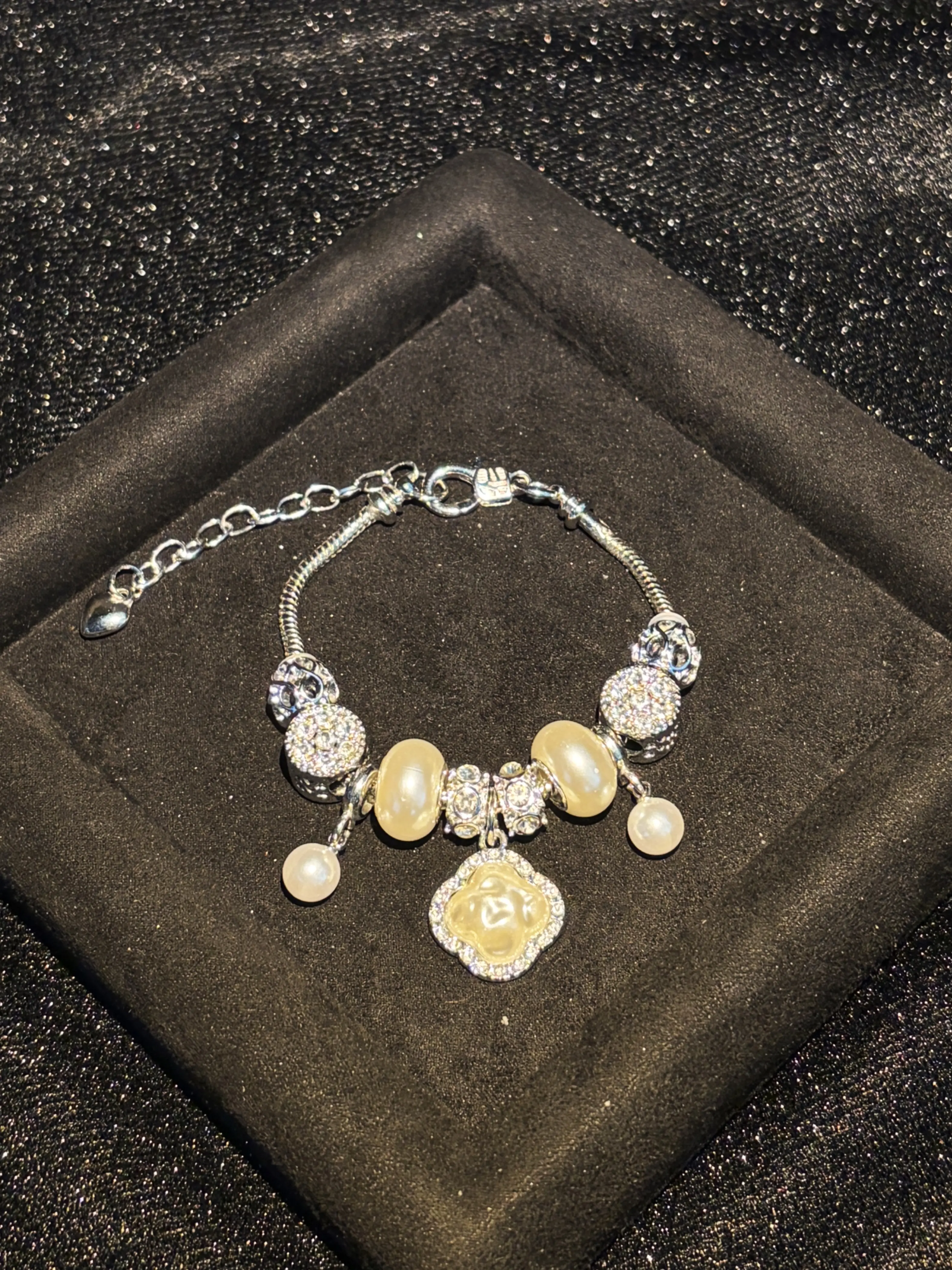 Silver-Tone Snake Chain Charm Bracelet - Clover Embossed Pendant, Pearl & Rhinestone Inlaid Stackable Costume Jewelry Gift for Women