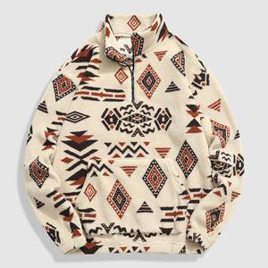 Men's Ethnic Style Half Zip Up Sports Jacket, Casual Comfortable Long Sleeve Stand Collar Pullover, Fleece Lined Warm Winter Coat for Autumn and Winter