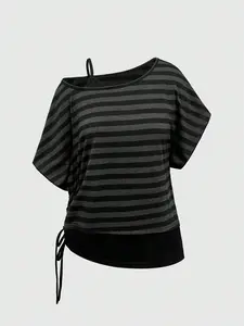 Y2K Plus Size Women's Clothing, Hot Girl Style, Pure Desire, One Shoulder Off Shoulder Pleated Short Sleeve T-shirt