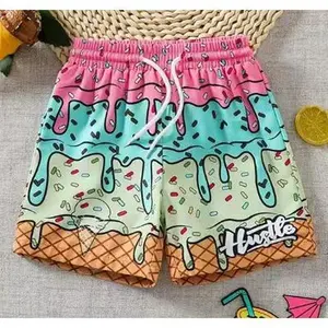 Boys Blue Ice Cream Pattern Shorts Matching Swim Trunks Polyester Breathable Quick Dry Athletic Wear Regular Fit Holiday Gift Outdoor Sports Gear