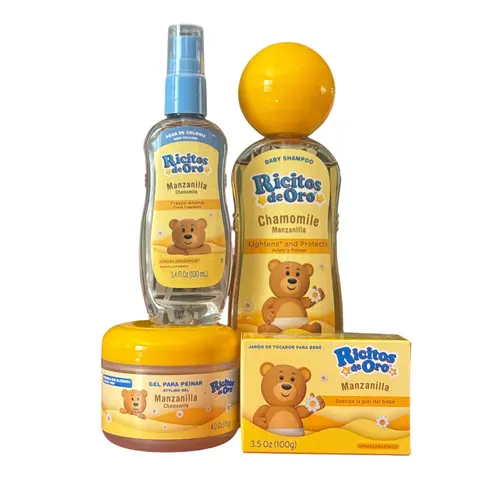 Ricitos de Oro Manzanilla Ricitos de Hair Gel 4 oz(COMBO), Olor de Colonia 3.4 oz, Shampoo 8.4 oz, and jabon de barra 3.5oz: Manzanilla Scent! - Alcohol-Free Chamomile Extract Gel for Daily Use - Lightweight Frizz Control & Shiny Smooth Formula - 4.0 Oz