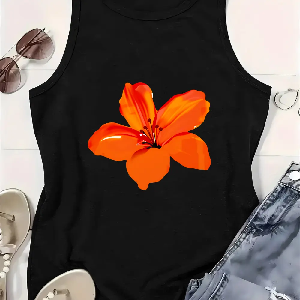 Women's Casual  Tank Top, Bright Orange Lily Print, Boho Floral Aesthetic, Summer Sleeveless Top