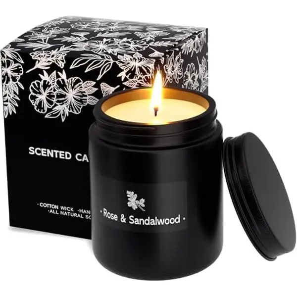 TranquilBliss Rose & Sandalwood Black Scented Candles for Men - 7.6oz Soy Wax Candle for Home Scented - Men Candle Gifts, Father's Day, Christmas Gift for Husband, Boyfriend, Father