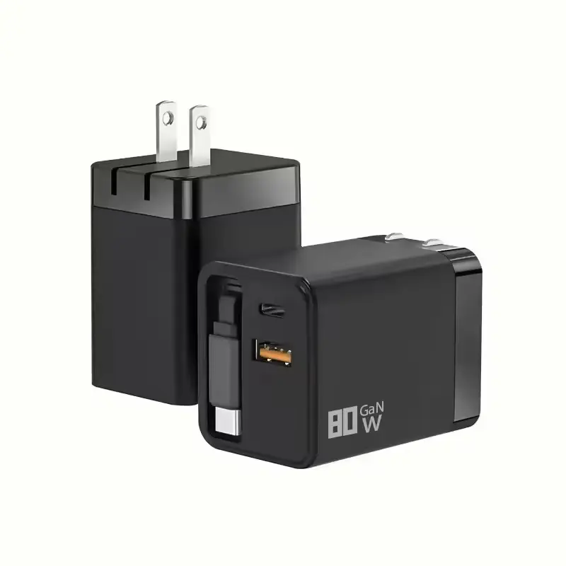80W Speed Rapid Charger Replacement - Ultra-Portable Compact Travel Adapter for Cellphone, Digital Devices, Laptops with 2 USB-A, USB-C Ports & Retractable Type-C Cable (Multi-Port Cables, Chargers & Adapters)