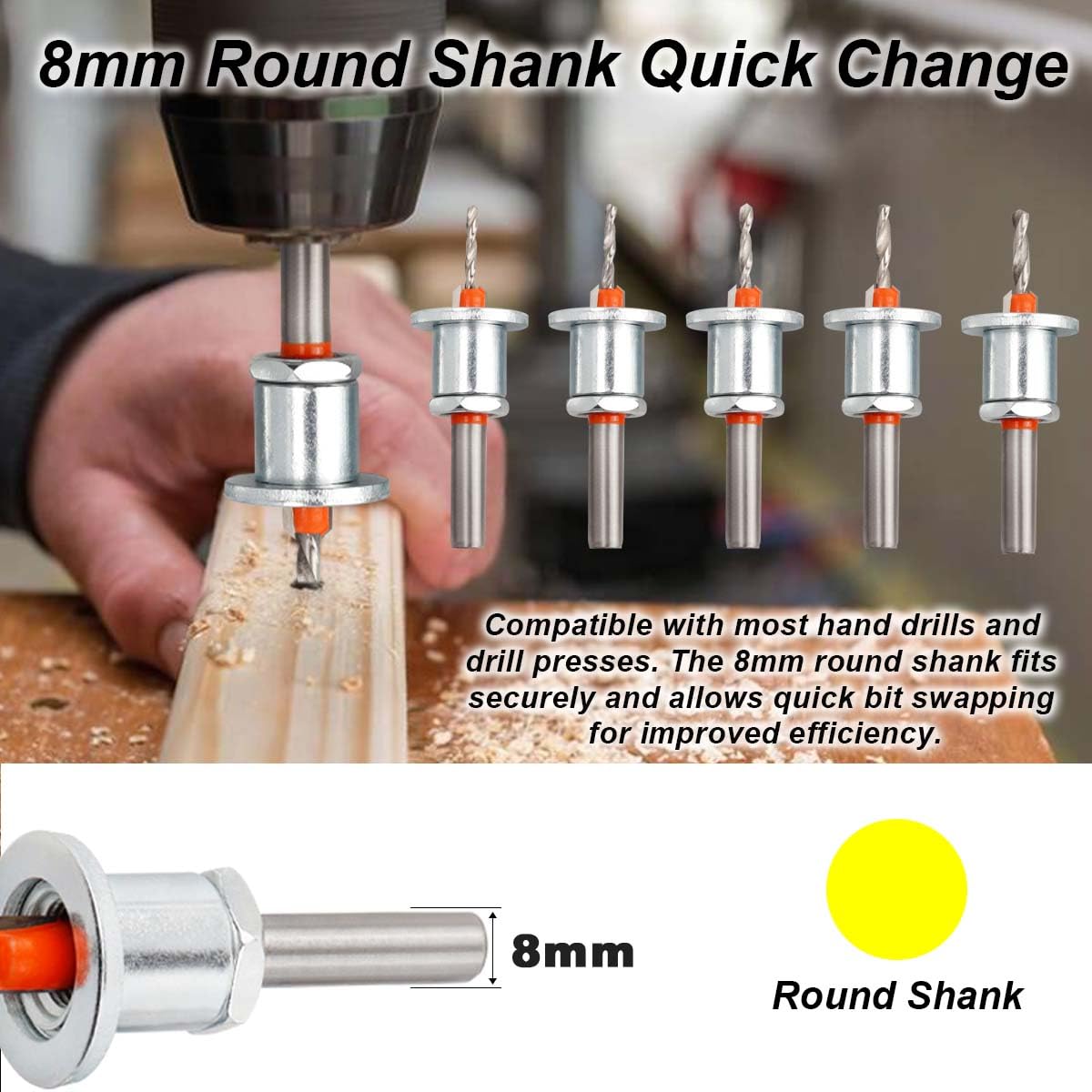 Countersink Drill Bit Set 5Pcs(2.8/3.0/3.2/3.5/4mm), Woodworking Countersink Drill Bits with Adjustable Bit Depth Stop for Wood.(8mm Countersink Diameter)