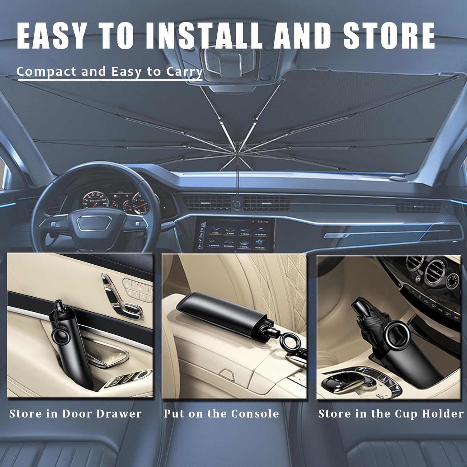 [Summervibes] 2026 Upgraded Car Windshield Sun Shade Umbrella with Pull Cord, Foldable Car Umbrella Sunshade with UV Block Car Front Window, Ten Strand Convex Umbrella Frame Retractable Sunscreen for Most Cars/SUV