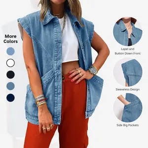Flowyair Womens Oversized Sleeveless Denim Vest Classic Button Down Jean Vest Casual Utility Lapel Jean Jacket