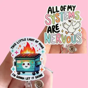 Glitter My Badge Silly goose and dumpster fire  badge reel set for nurse and hospital workers. Badge clip Badge pull - Retractable swivel clip with a 360 rotation. Great gift for coworker.