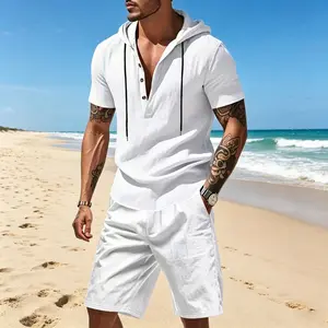 Men’s casual hooded Henley-collar short-sleeve shorts set—a summer outfit designed for comfort and style; it’s a foolproof choice no matter how you wear it.