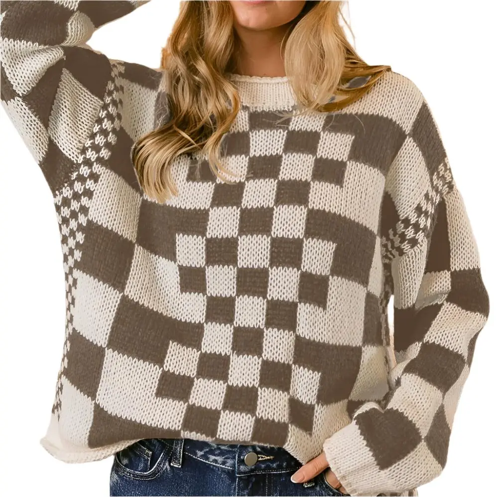 Checkered Chunky Fall Sweater - Women's Fall Sweater
