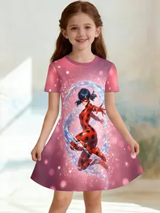 Girls' 3D Short Sleeve Dress, Miraculous Girl Ladybug Water Pattern Full Print, Perfect for Parties, Festive Gifts, Birthday Presents