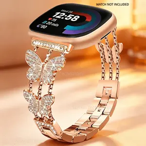 Shiny metal strap, suitable for Fitbit Versa 4/Sense 2/Versa 3/Sense straps, diamond butterfly fashionable daily adjustable strap for women, suitable for Fitbit smartwatches, Smartwatch compatible bands