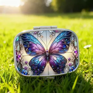 Butterfly-Themed Metal Pill Box with 2 Compartments, Portable Pocket-Sized Medicine Container for Travel & Wallet, Unique Gift Idea, Vitamin Organizer, Supplement Organizer, Medical Organizer